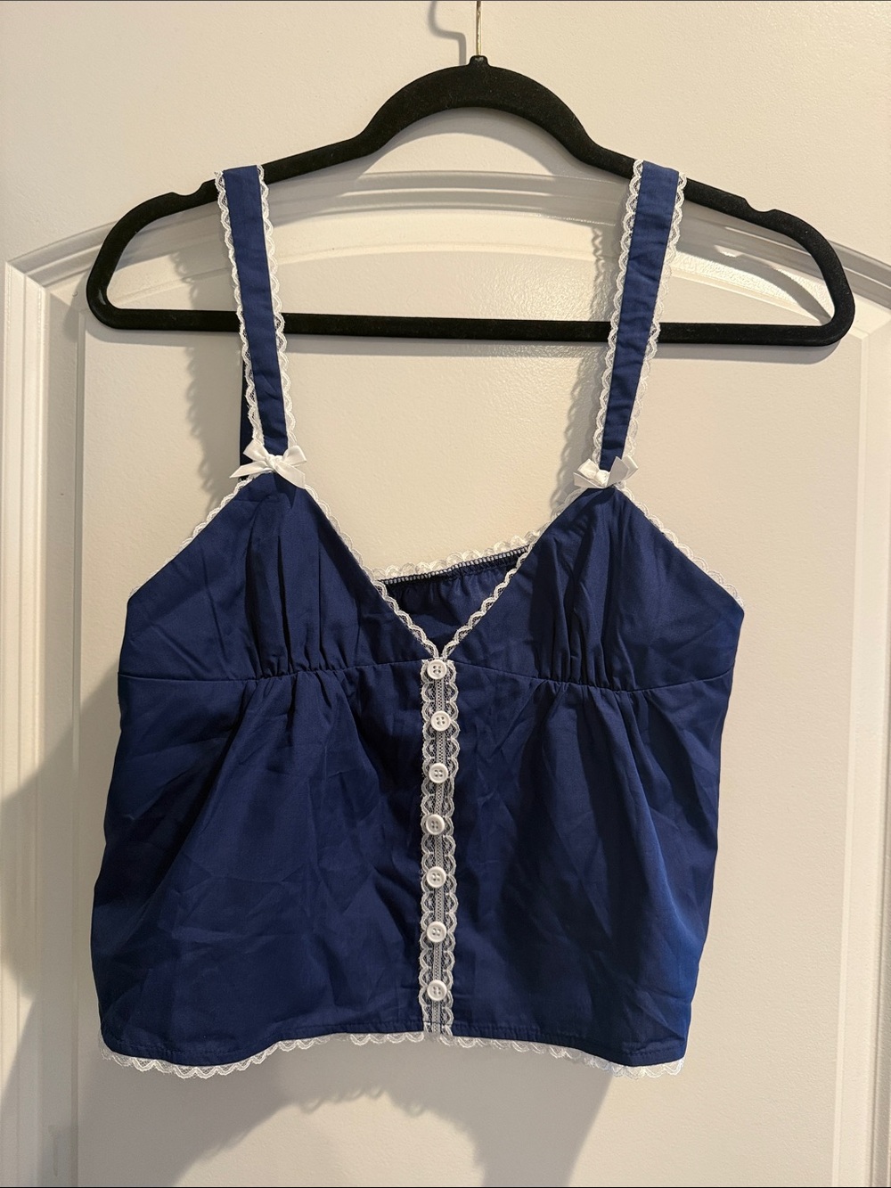 Navy Blue Lace-Trim Crop Tank Top